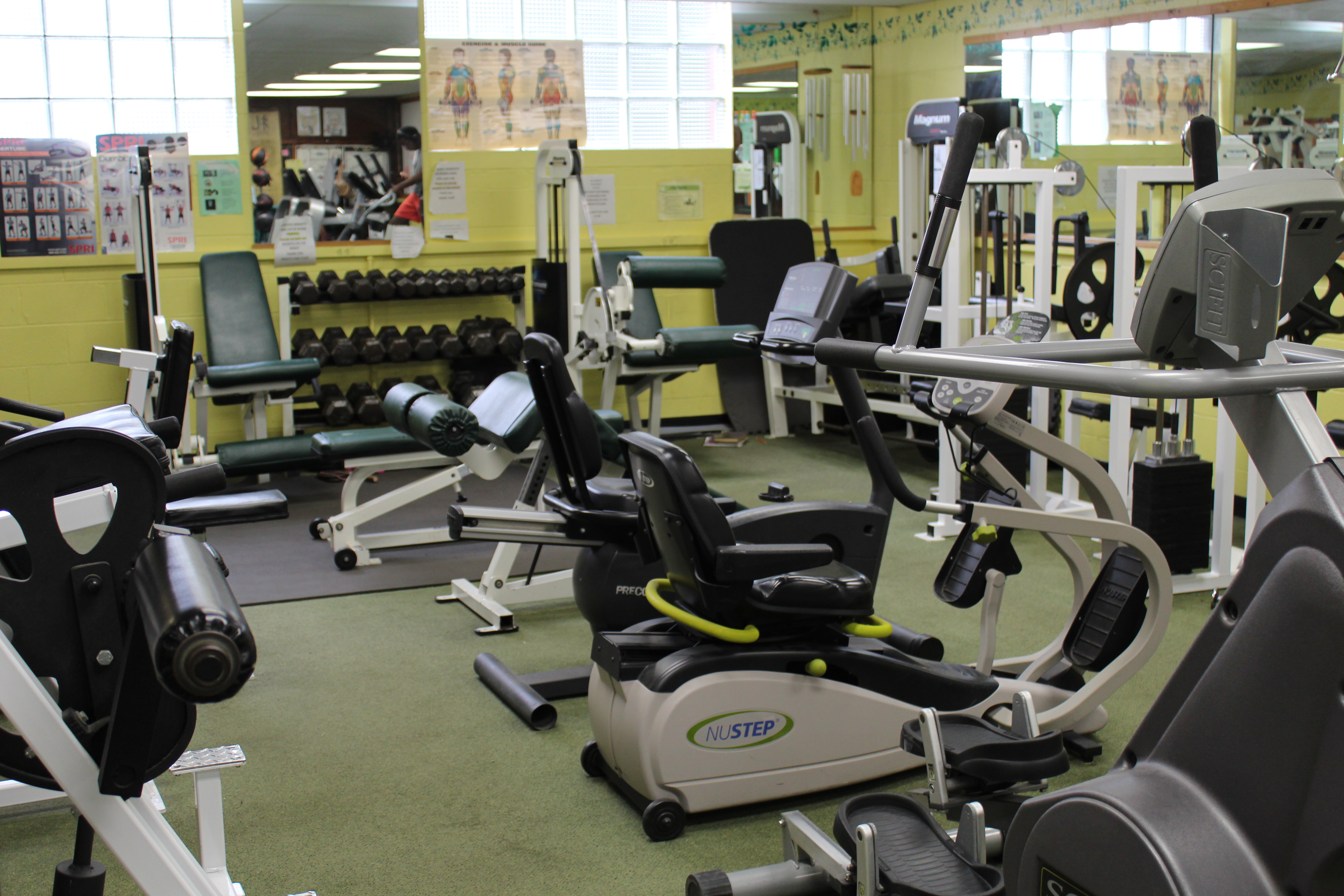 Gym room with various exercise machines and free weights.